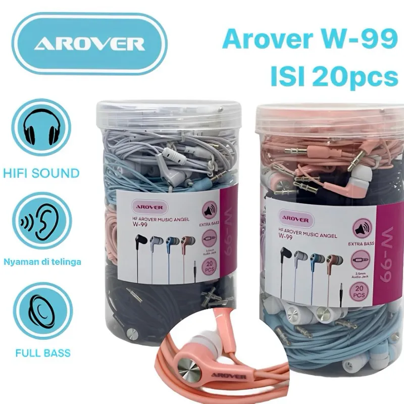 EARPHONE ‘ AROVER ’ MACARAN W-99 ISI 20PCS FULL BASS HEADSET HANDSFREE SUARA JERNIH