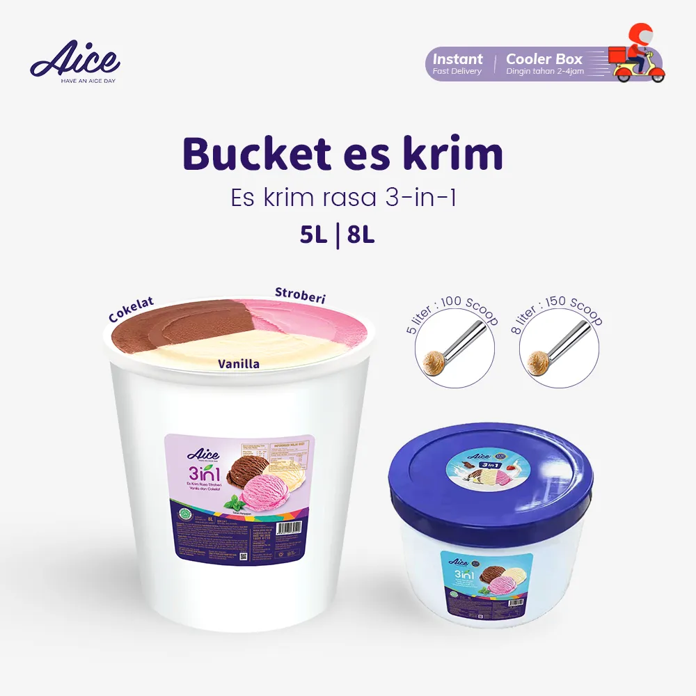 AICE Ice Cream Bucket Es Krim 5 L 8 L /aice 3-in-1 ice cream Rasa Cokelat Vanila Stroberi