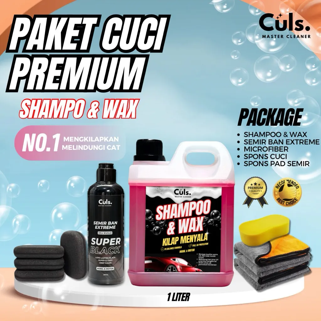 Culs Paket Cuci Mobil PREMIUM Shampoo Wax 1 Liter Dan Semir Ban