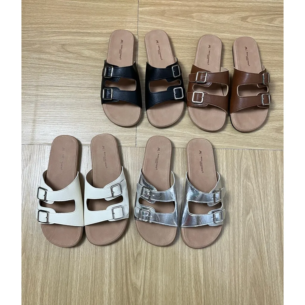 CF 9885 Sandal Double Buckle Strap Slip On Wanita Fashion Shoes Casual With Box Bisa Cod