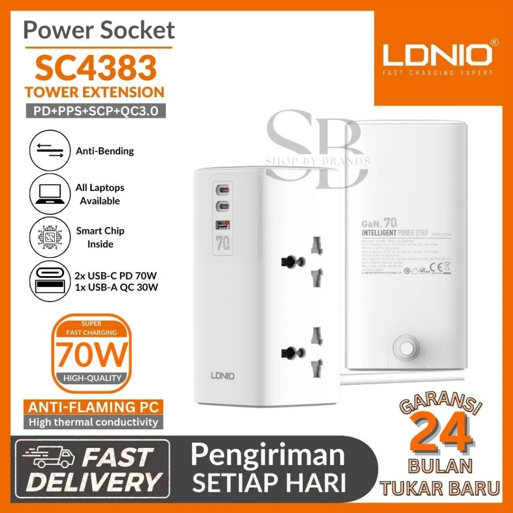 Stop Kontak LDNIO SC4383 Tower Extension Power Socket Colokan Listrik Super Fast Charging 4 Lubang 3 USB (Type C)