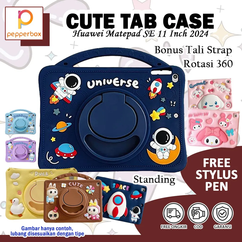 Softcase Huawei Matepad SE 11 Inch 2024 AGS6-W09 Bonus Tali Stylus Silicon Standing Karakter Astronot Handle Case Anak Cowok Cover Pelindung Tablet Casing Rotate Kartun Lucu Kids Labubu Lotso Ring Kuromi Keyboard Unicorn Pochacco Cinnamoroll Melody Cat TG