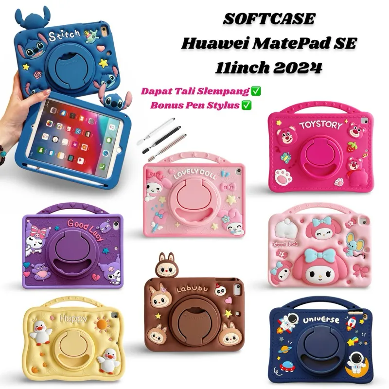 Case Lucu untuk Huawei MatePad SE 11 inch 2024 / MatePad 11 2023 / MatePad 11 2021 Softcase Motif Karakter Anak Free Bonus Tali dan Stylus Pen Casing Standing
