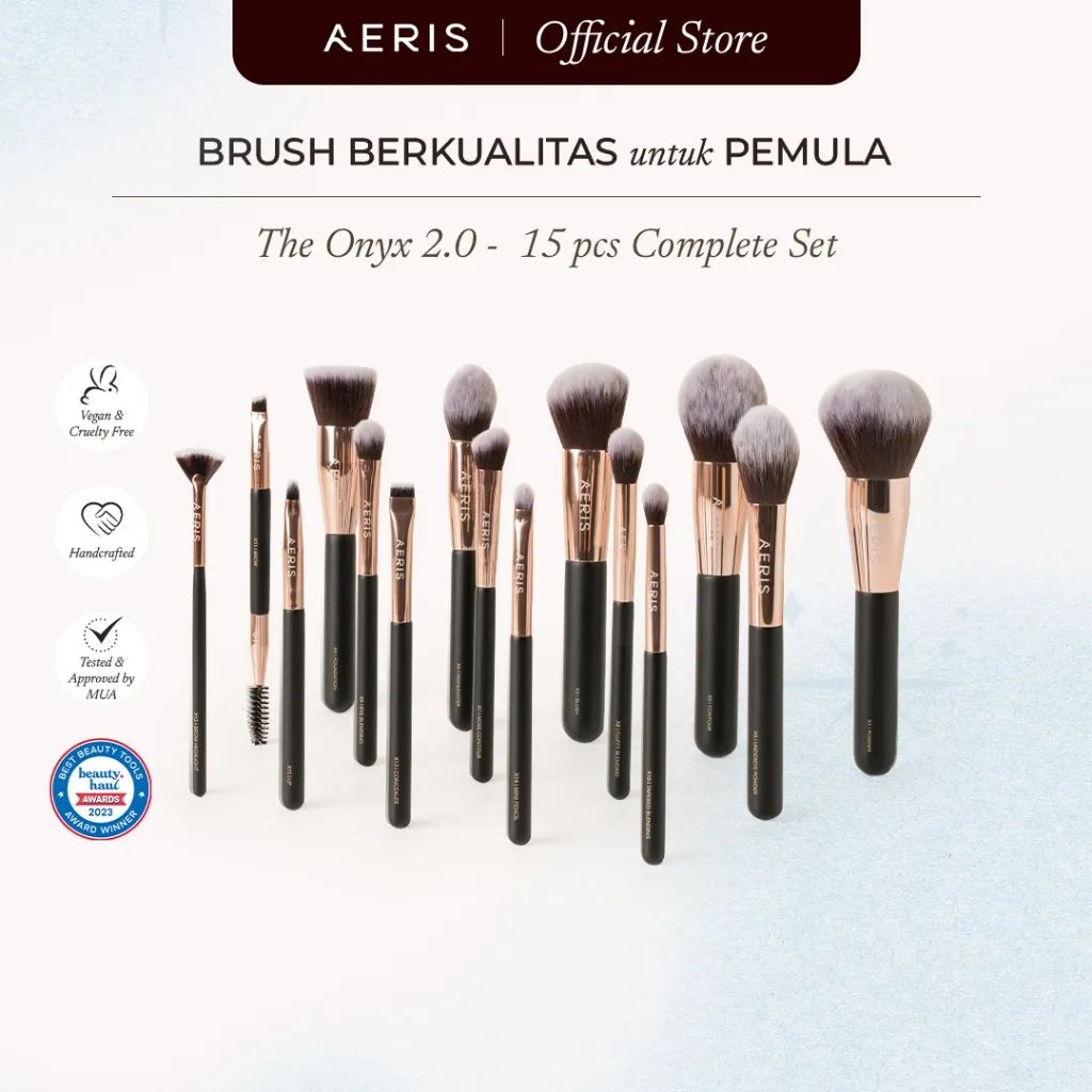 Aeris Beauté The Onyx 2.0 Brush Set - 15 pcs Complete Set | Brush Make Up Set Kuas Rias Lembut Premium 1 Set Lengkap Terjangkau Bagus untuk Pemula Multifungsi untuk Wajah dan Eyeshadow