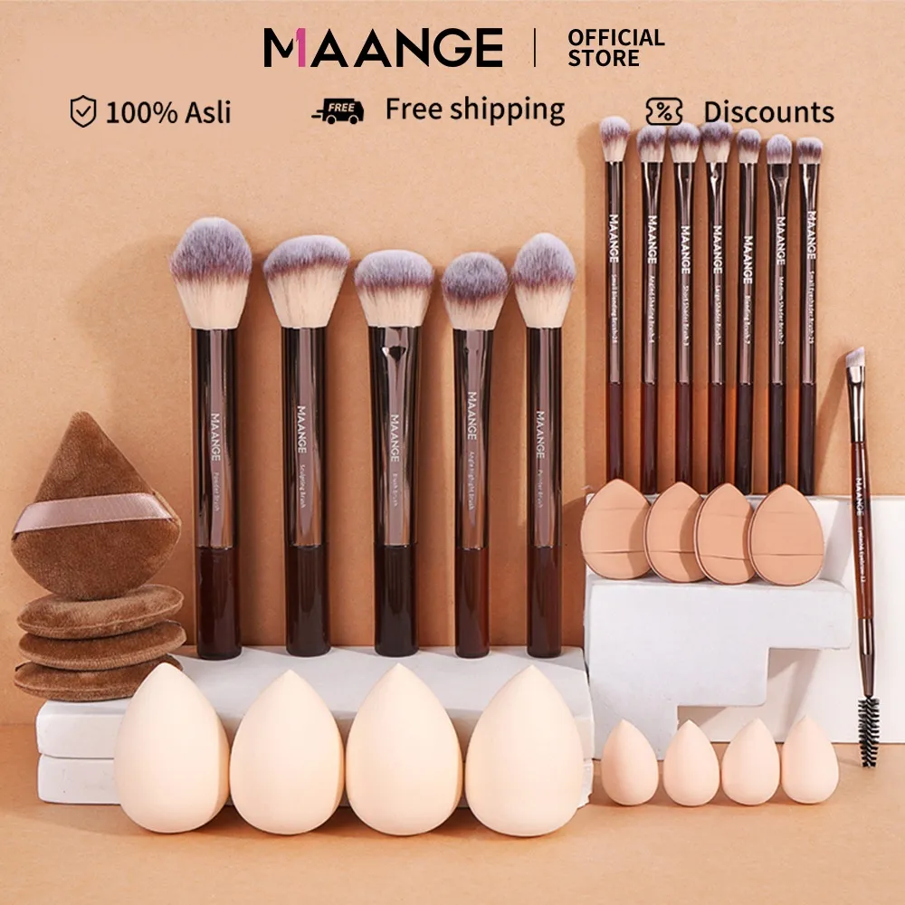 MAANGE 13Pcs Set Makeup Brush Kuas Bedak Lembut Kosmetik Alat + 16Pcs Spons Make Up Set Premium Cokelat Alat Rias 52037+52357