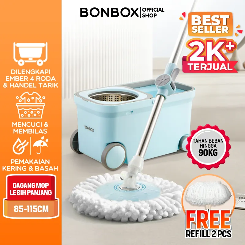 BONBOX Alat Pel Lantai 2 in 1 Kain Fiber dengan 4 Roda Ember Spin Mop Mencuci dan Membilas Alat Pembersih Lantai BCT401101