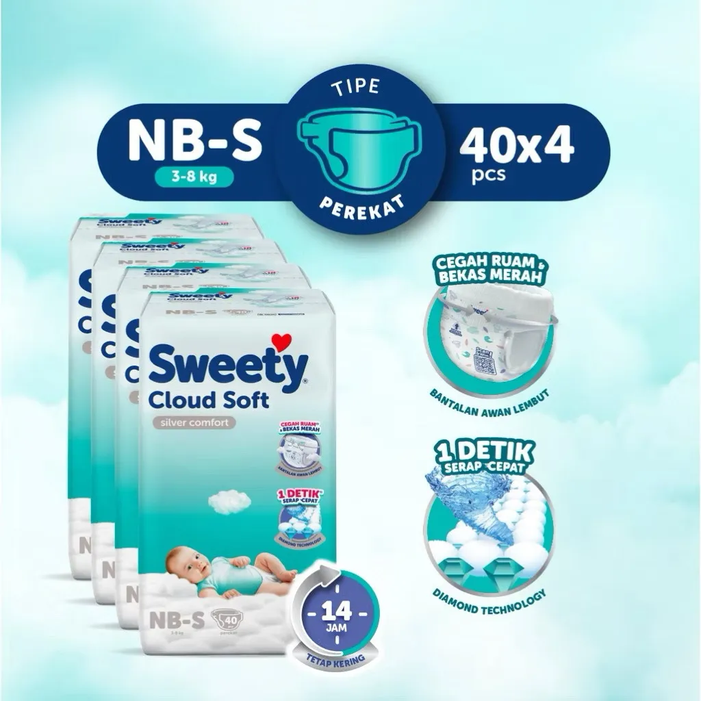 PAKET 4 BALL - SWEETY SILVER Pant Pants Popok Cloud Soft Celana Perekat Tape Taped Tapped Sekali Pakai Diaper Baby Bayi Diapers Newborn Nb S Nbs 40 Nbs40 Nb-S Nb-S40 M32 M 32 L28 L 28 XL24 XL 24 XXL22 XXL 22 S38 S 38 Bayi Baru Lahir Pantz Hemat Bal Murah