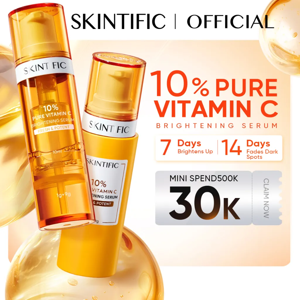 [SKINTIFIC] 10% Vitamin C Brightening Serum|VC Serum Wajah Pencerah Cocok untuk Kulit Berminyak / Kering / Kusam Mencerahkan & Tone Up, Membantu Mengurangi Komedo, Flek Hitam & Bekas Jerawat, Meratakan Warna Kulit|Acne retinol Glow Booster Tone Up facia