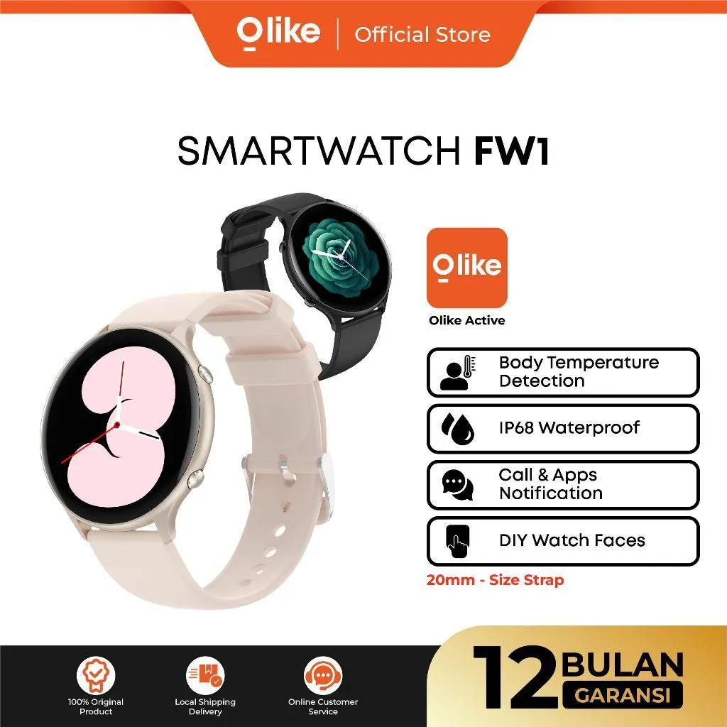 OLIKE Smartwatch Wanita FW1 HD Display 1.28 Inch Strap 20mm Water Resistant IP68 Health & Sleep Monitoring Jam Tangan Sport Pintar - Garansi 1 Tahun