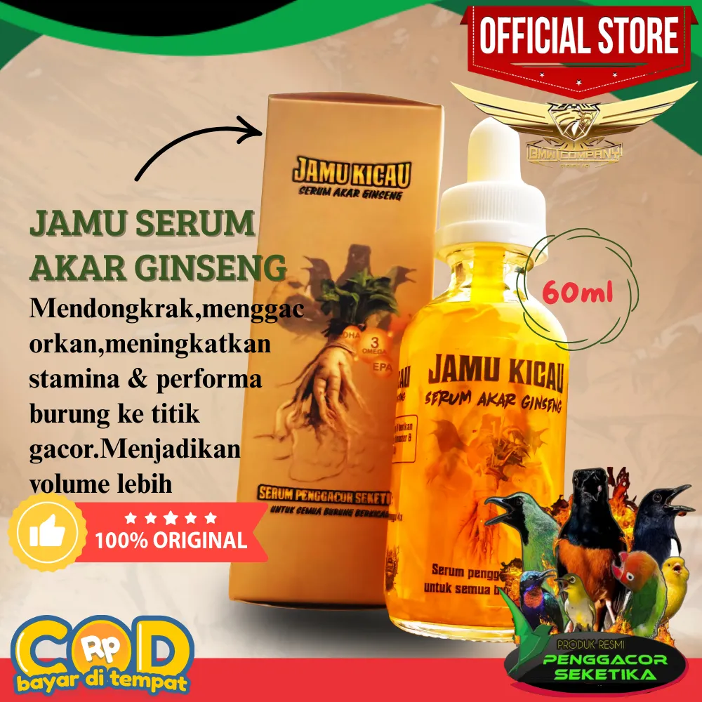Jamu Kicau Serum Akar Ginseng 60ml Mendongkrak Menggacorkan Meningkatkan Stamina Burung