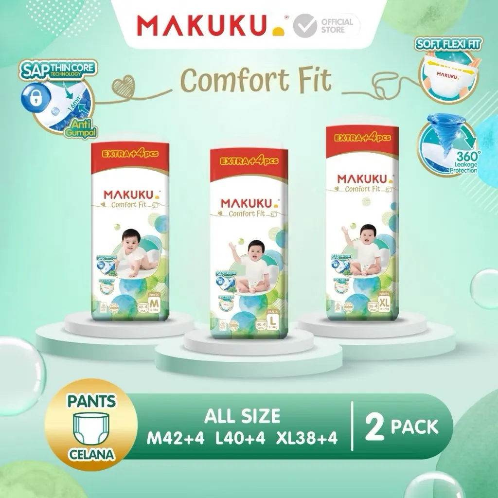 PAKET 2 BAL - MAKUKU Air Diaper Diapers Comfort Fit SAP Size M42 L40 XL38 M L XL Isi 42 40 38 Popok Celana Pant Pants Bayi Baby Promo Anti Ruam Gumpal Termurah Murah Jumbo 40+4 +4 + 4 42+4 38+4 M42+4 L40+4 XL38+4 L44 M46 XL42 44 46 2Bal 2Pak Pak Hemat