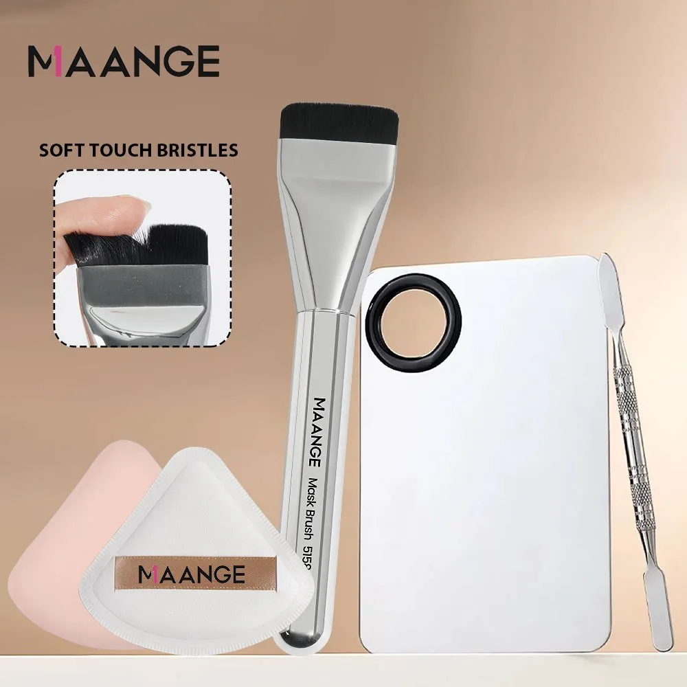 MAANGE Linear Type Foundation Brush+2 In 1 Mixing Palet Stainless Steel Palette + Makeup Sponge Set Alat Makeup Complete Makeup 51580+1614