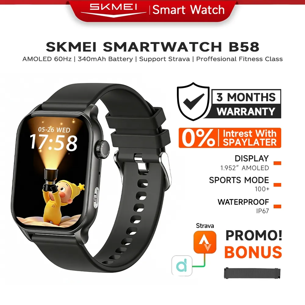 SKMEI B58 B58 Smartwatch 1.95inci Amoled Touchscreen support strava Jam Tangan Pria IP67 Waterproof Bluetooth Call Sleep Monitor Fitness Tracker Dengan Flashlight