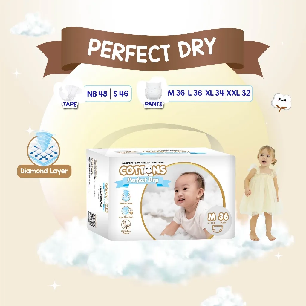 Cottons Baby Diapers Perfect Dry - Popok Bayi Premium Tape Perekat NB/S Pants Celana M/L/XL/XXL