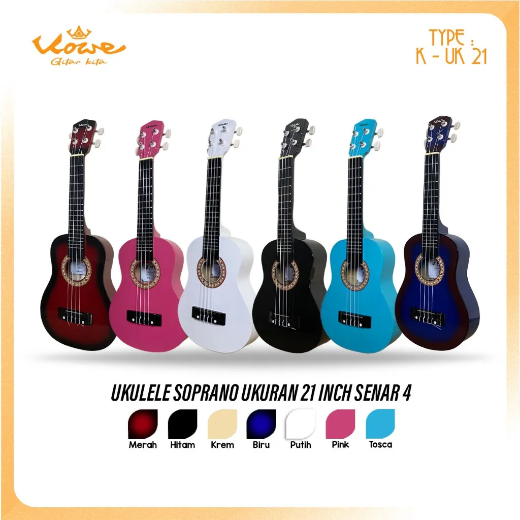 KOWE Ukulele K - UK 21 Senar 3 dan 4 Paket Lengkap Bergaransi dan Packing Aman