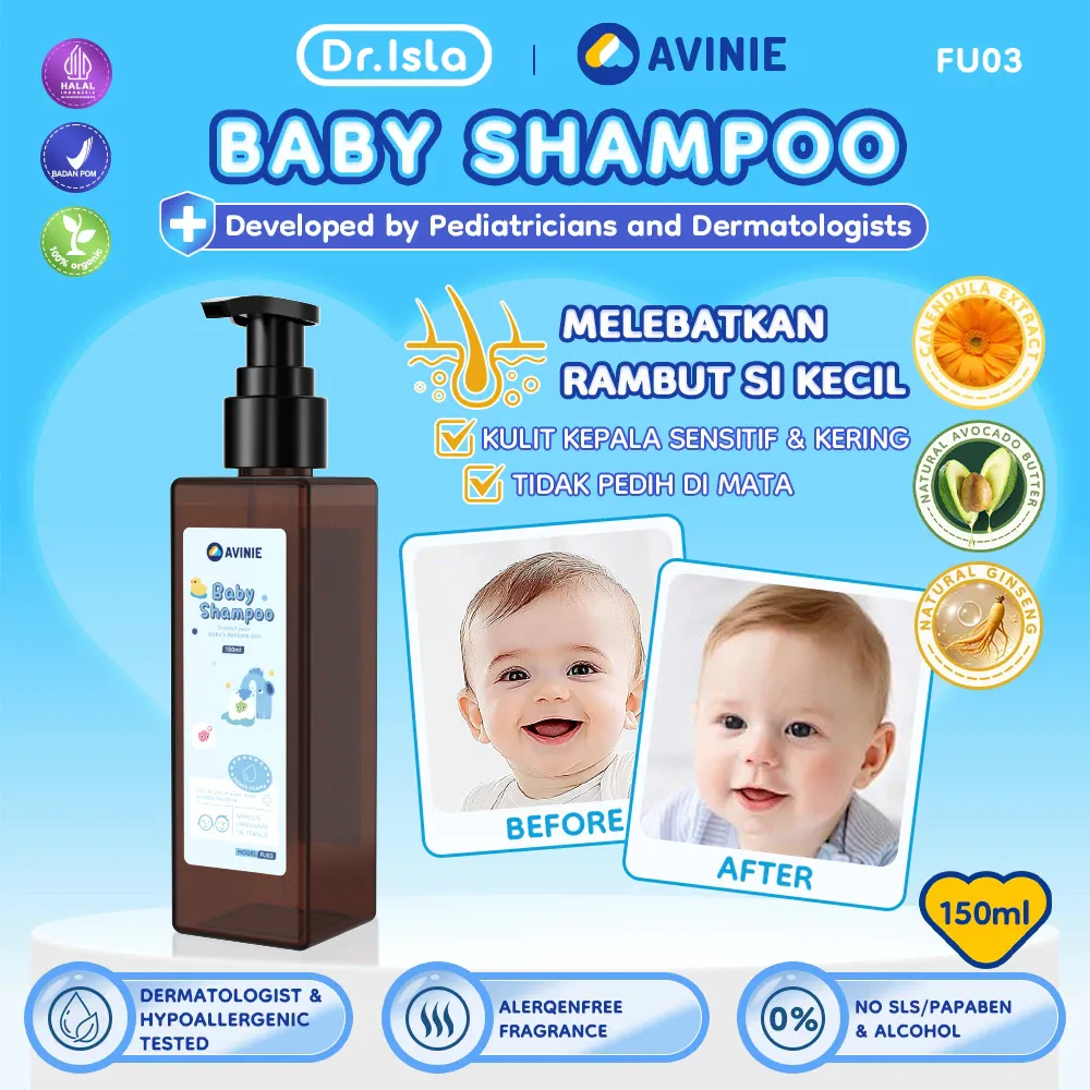 AVINIE & Dr.isla Shampoo Bayi Anak - Dengan Calendula Oil -Ekstrak ginseng- Kulit Kepala Sensitif & Iritasi - Tanpa SLS & Alkohol - Menumbuhkan & Melebatkan Rambut FU03
