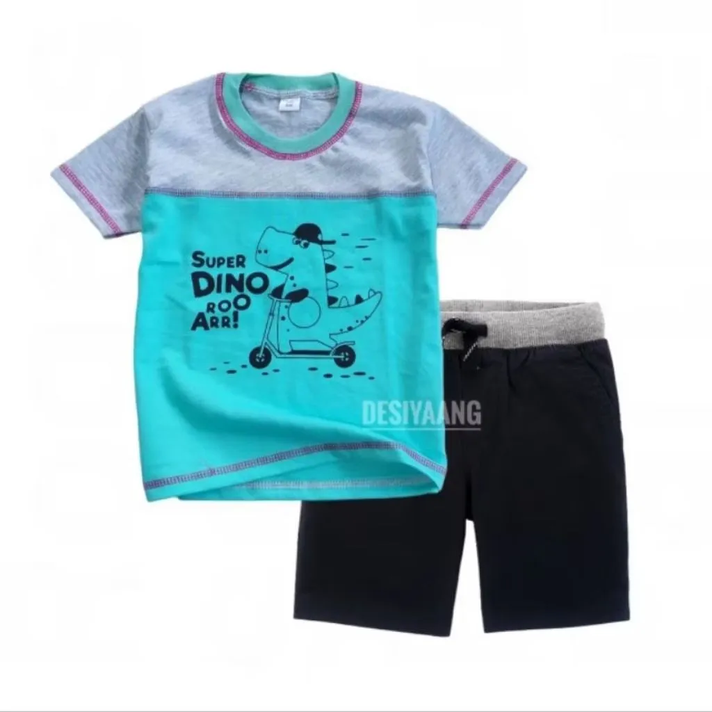 Setelan Anak 4-12 tahun Laki laki TWOTONE Kaos dan Celana Pendek Motif Super dino