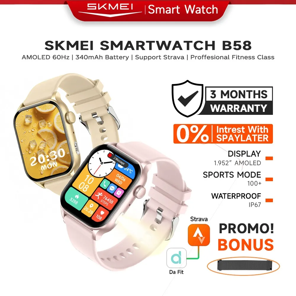 SKMEI B58 Smartwatch 1.95inci Amoled Touchscreen Jam Tangan Pria IP67 Waterproof Bluetooth Call Sleep Monitor Fitness Tracker Dengan Flashlight