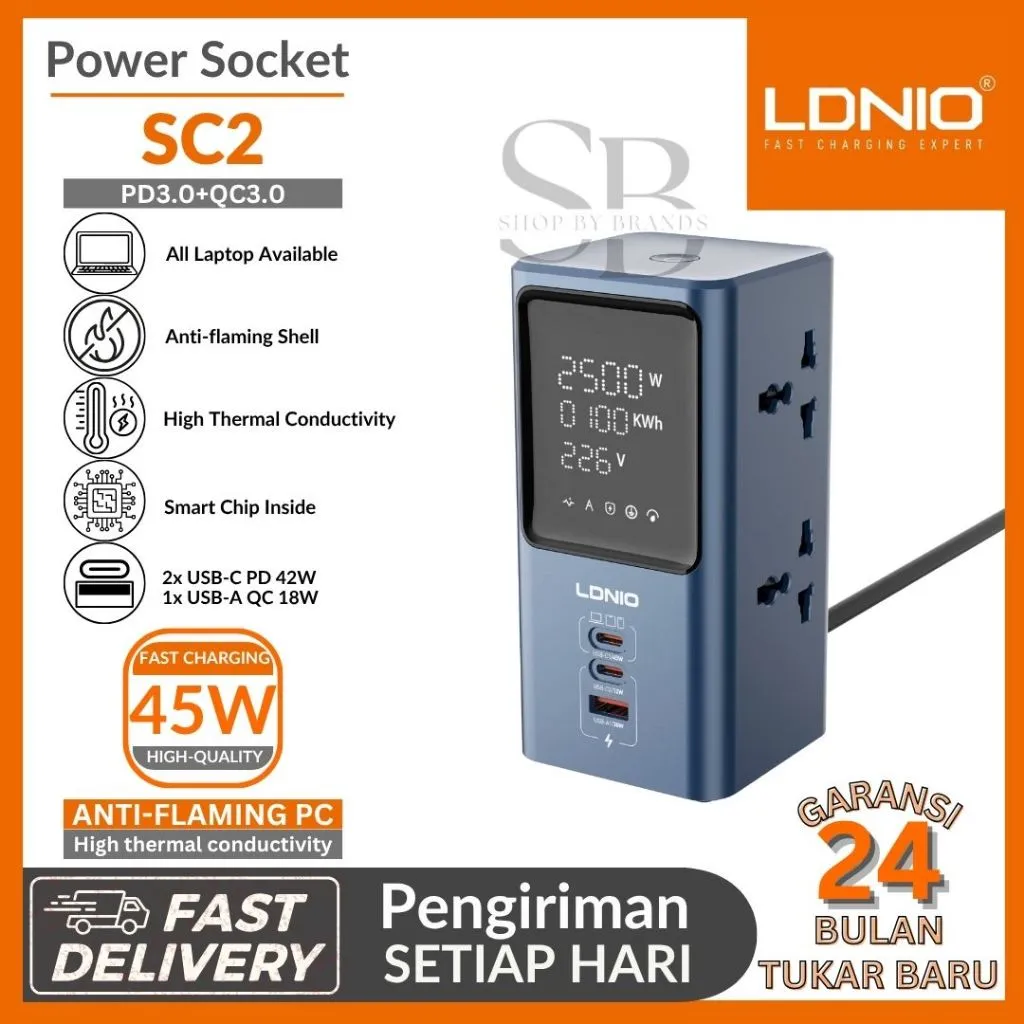 POWER SOCKET LDNIO SC2 45W PD/QC TOWER EXTENTION FAST CHARGING