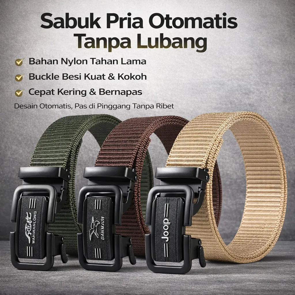 Pengiriman Cepat 24 Jam - Sabuk gesper otomatis pria/Bernapas dan Tahan Aus/Men's Casual Quick Dry Toothless Belt/Ikat Pinggang Pria Canvas sabuk Casual Nylon Premium/Gesper Metal Tahan Karat/Sabuk Casual Dan Travel/Sabuk Tactical Nyaman