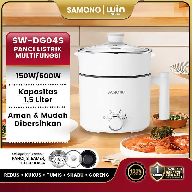SAMONO Panci Listrik Multifungsi 3 in 1 Low Watt Stainless Steel Anti Lengket 1,5 Liter Penggorengan Elektrik Serbaguna Steamer Kukusan FryPan Teflon SW-DG04S Garansi