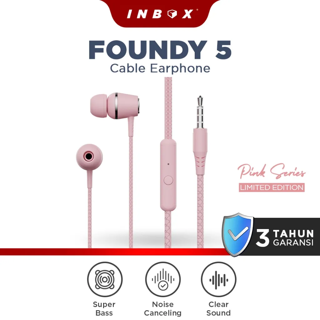 Inbox Earphone Foundy 5 Pink Headset dengan Microphone dan Super Bass Audio Handsfree