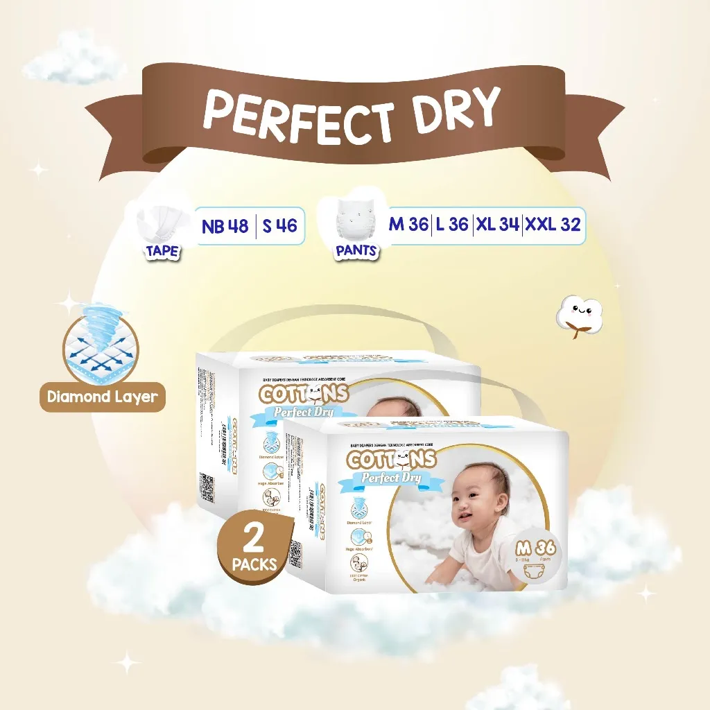 TWINPACK Cottons Baby Diapers Perfect Dry NB/S (Tape/Perekat) M/L/XL/XXL (Pants/Celana) - Popok Bayi