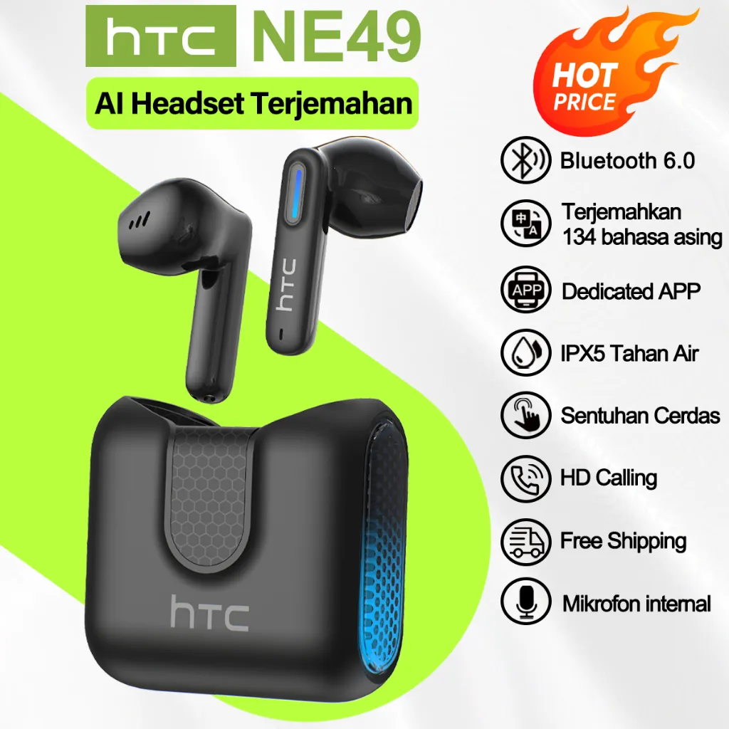 HTC NE49 Headset Bluetooth terjemahan AI wireless bluetooth V6.0 In-ear earphone gaming headset tws gaming headset keren HIFI Masa pakai baterai yang lama Bass IPX5 tws sport headset olahraga
