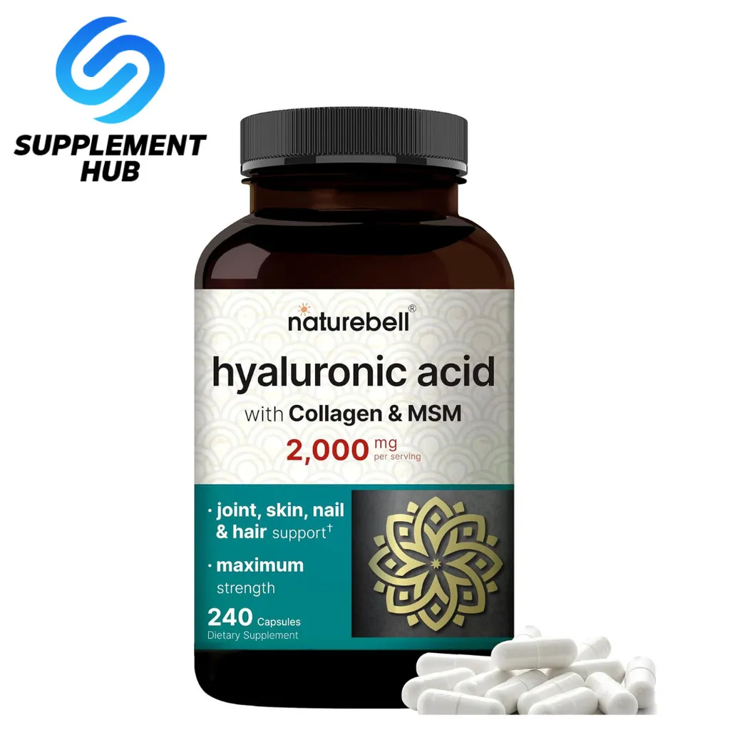 NatureBell Hyaluronic Acid Supplements 2,000 mg | 240 Capsules, with MSM & Hydrolyzed Bovine Collagen – 3 in 1 Support for Skin Hydration, Joint Lubrication, Hair, and Eye Health