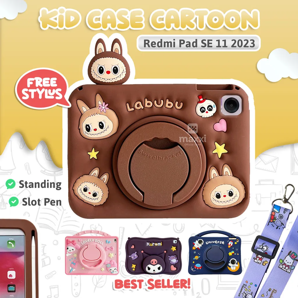 Case Redmi Pad 2 11" 2025 Universal / Redmi Pad SE 11 Inch 2023 Xiaomi Pad SE WiFi 4G LTE Casing Tablet Softcase Anak Rotate 360 Kesing Stand Karakter Labubu Viral Cokelat Lucu Cover Slot Pen BONUS Tali Motif Stylus