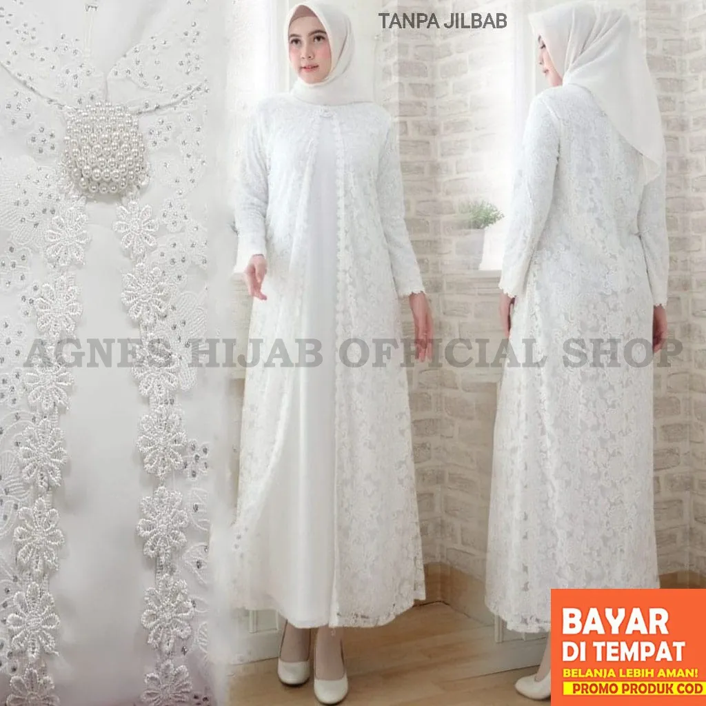Agnes Hijab - Khadijah Dress Baju Gamis Wanita Full Brukat Gamis Putih Lebaran Umroh Haji Busana Muslim Wanita 80820