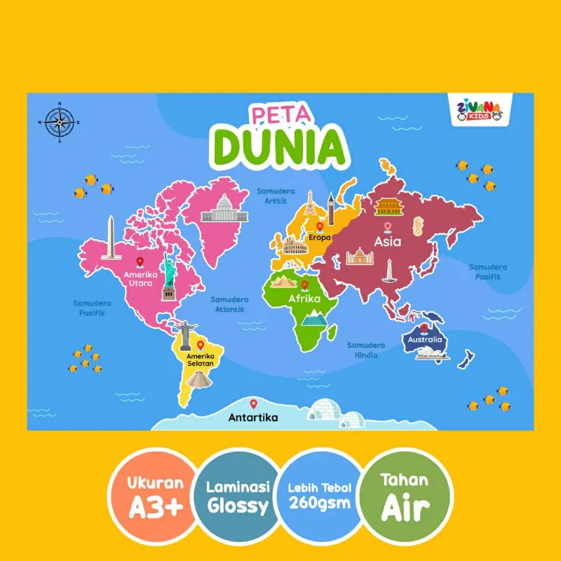 POSTER PETA DUNIA ZIVANA KIDS Edukasi Pendidikan Anak Peta Indonesia Asia Amerika Eropa