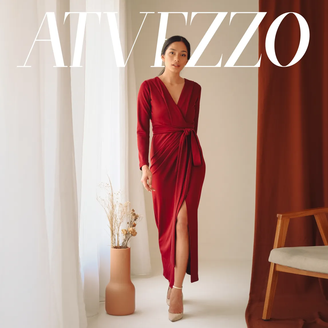 Atvezzo Cora Wrap Dress Long In Maroon Katun Bodycon V Neck Dress Pesta Baju Imlek Wanita Party Dress Imlek Wanita Kekinian Outfit Chinese New Year Korean Style CNY /Malika by Modelano dress /Cara Woman dress /Coma Label dress /Kleita Official dress