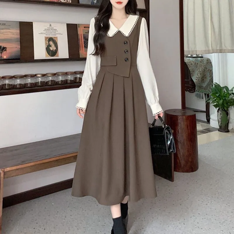 First Girl-Midi Dress Wanita Vintage Style Korea Lengan Cream Long sleeve  Shirt dress- G019