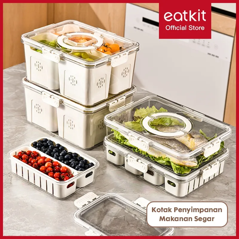 Eatkit Food Container Kotak Penyimpanan Kulkas Wadah Bumbu Dapur Sayur Buah 4 Grid 8 Grid Tertutup