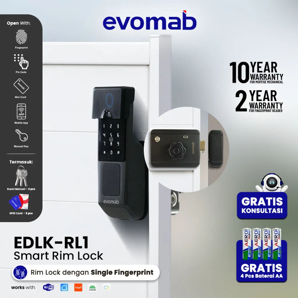 evomab Smart Door Lock Pagar Dual Fingerprint Handle Pintu Kunci Digital Rimlock EDLK-RL
