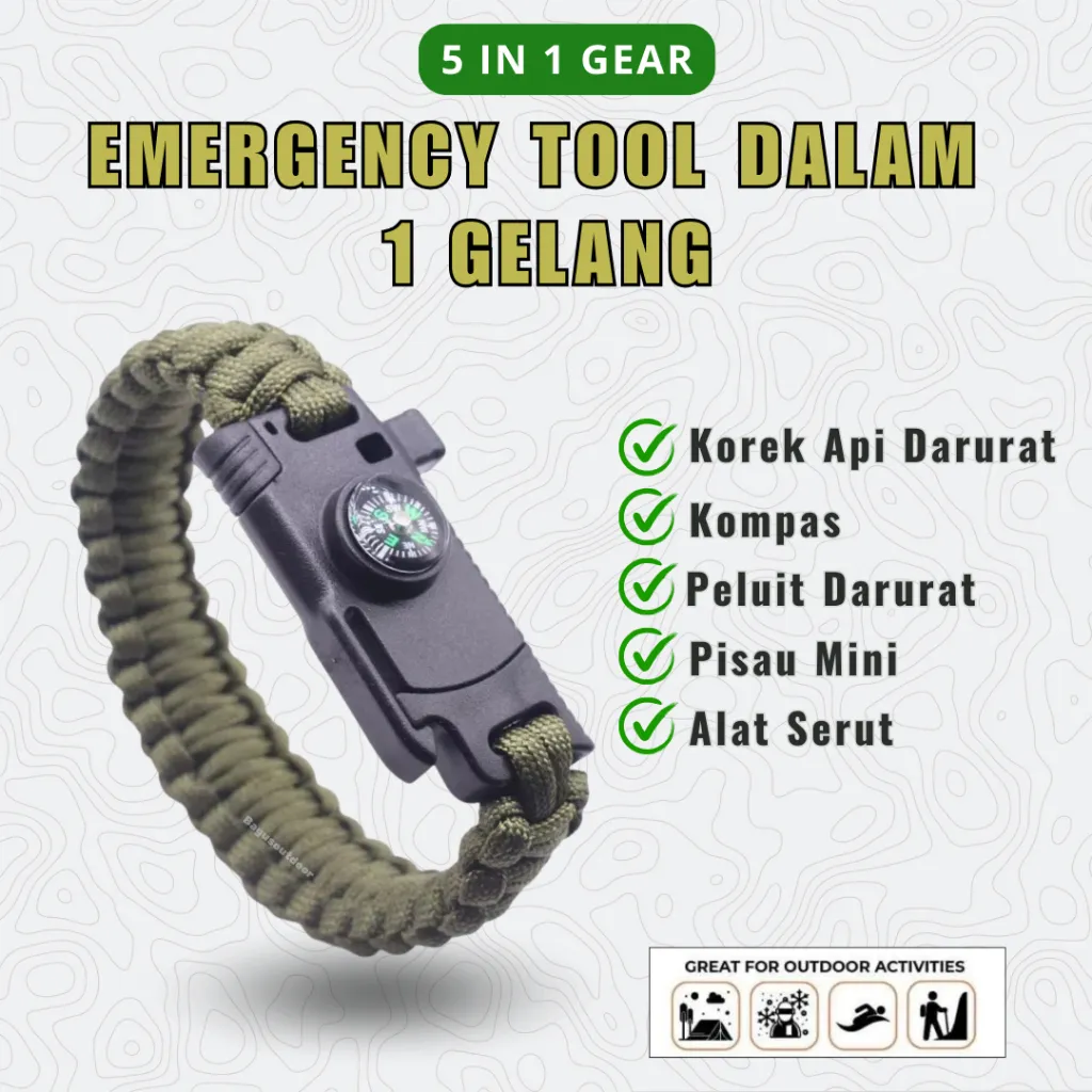 Gelang Survival Paracord  5-in-1: Kompas, Pisau, Peluit,& Pengikis outdoor Camping Hiking Hutan Pendaki Gunung