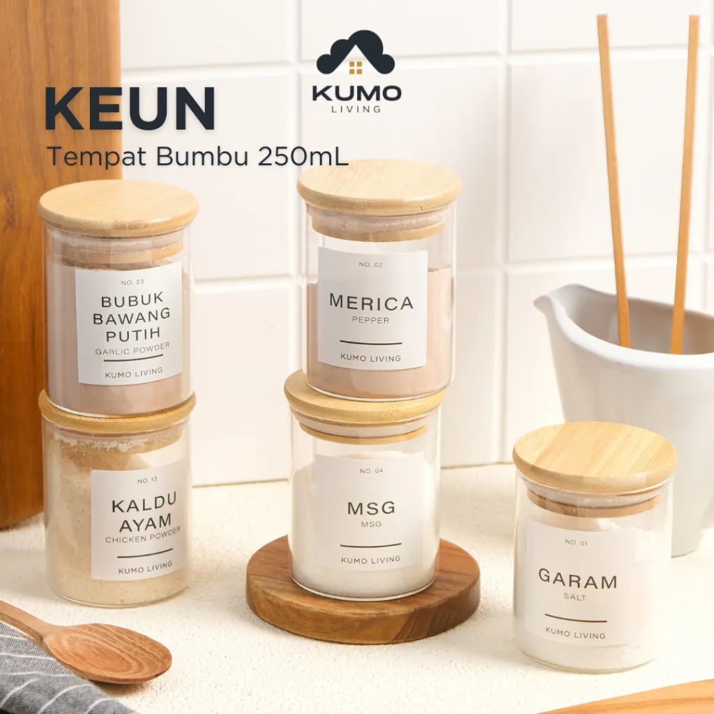 Kumo Living Keun Toples Tempat Wadah Penyimpanan Jar Bumbu Dapur Kaca Transparan Set Tutup Kayu Anti Tumpah Awet Anti Lembab Tutup Kayu 250 ml