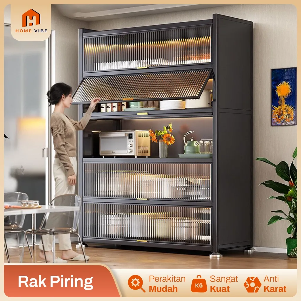 Rak Dapur Dengan Pintu Tertutup Full Besi Lemari Rak Piring Susun Rak Oven Microwave Minimalis
