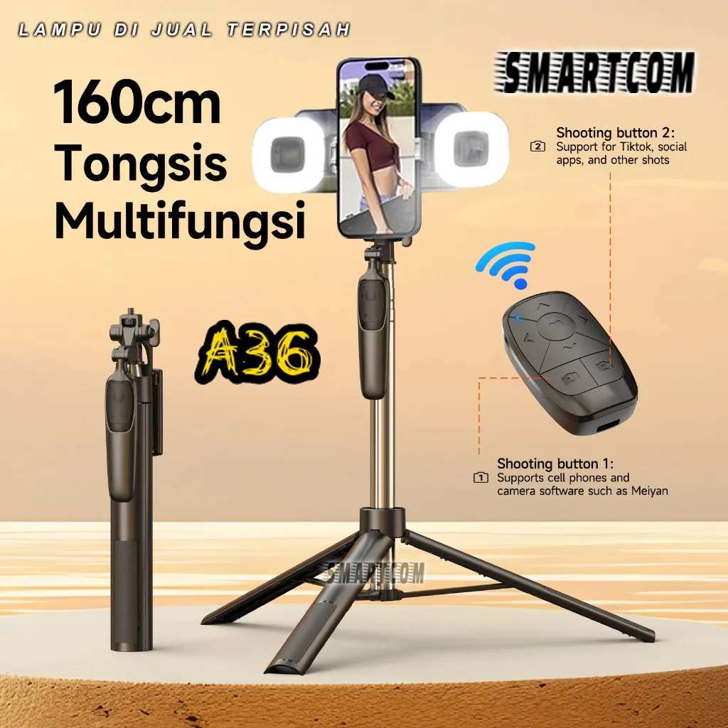 SMARTCOM - A36 160CM Tongsis Bluetooth Selfie Stick Tripod with Remote