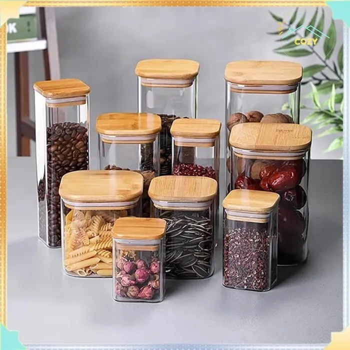 TOPLES KACA AESTHETIC modern Segi 4 Tutup Kayu Bening Kedap udara Anti serangga Kaca tebal TOPLES SNACK KACANG BUMBU TEMPAT MULTIFUNGSI bumbu
