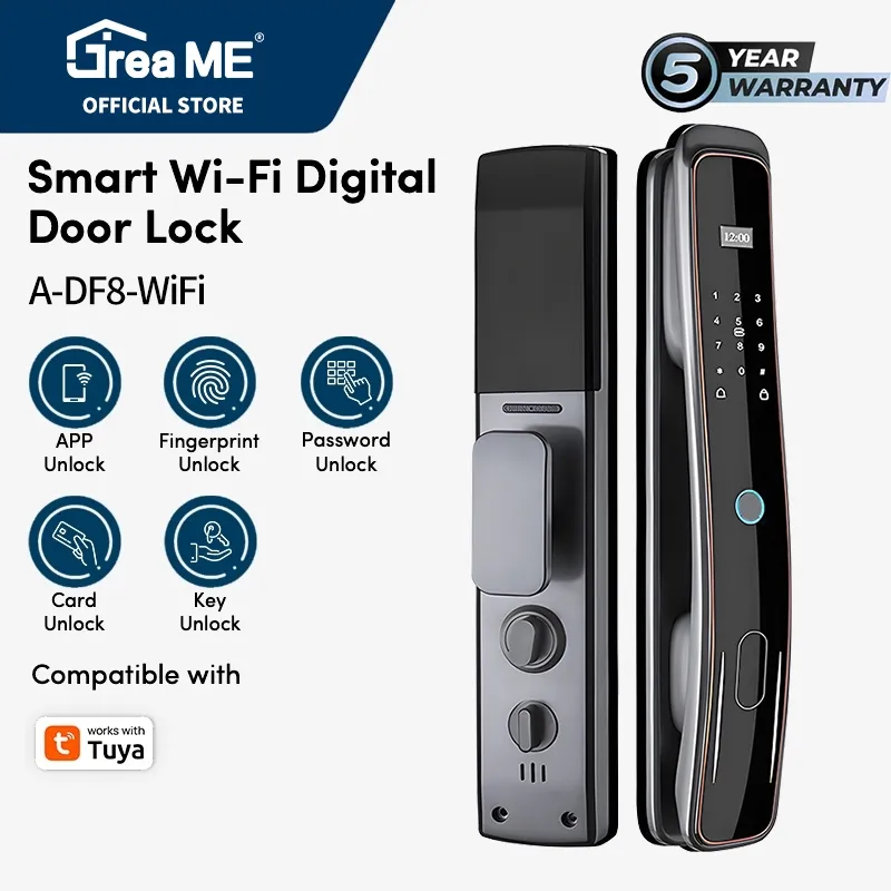 GreaME Kunci Pintu Rumah Smart Door Lock TUYA WiFi Kontrol Aplikasi Kamar Tidur Fingerprint Kunci Pintu Digital | DF8