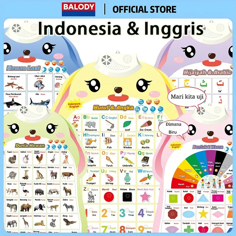 BALODY Poster Dinding Suara Anak Bahasa Indonesia Inggris Mainan Poster Edukasi Anak 1-4 Tahun