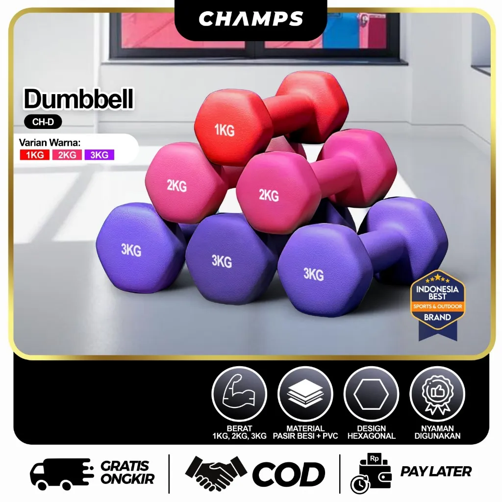 CHAMPS Dumbell Murah Anti Slip – Barbel 1-3KG Vinyl Alat Gym di Rumah Ringan untuk Senam & Latihan Harian