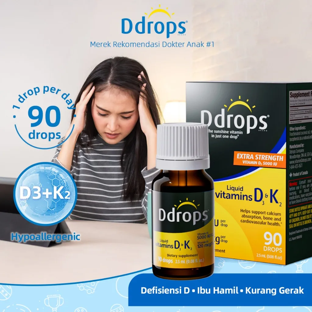 Ddrops Vitamin D3 & K2 Booster 5000IU – 90 Tetes (2.5ML) - Suplemen Esensial Dewasa, Program Hamil & Ibu Hamil - Tingkatkan Imun, Bantu Serap Kalsium, Dosis Tinggi untuk Defisiensi Berat