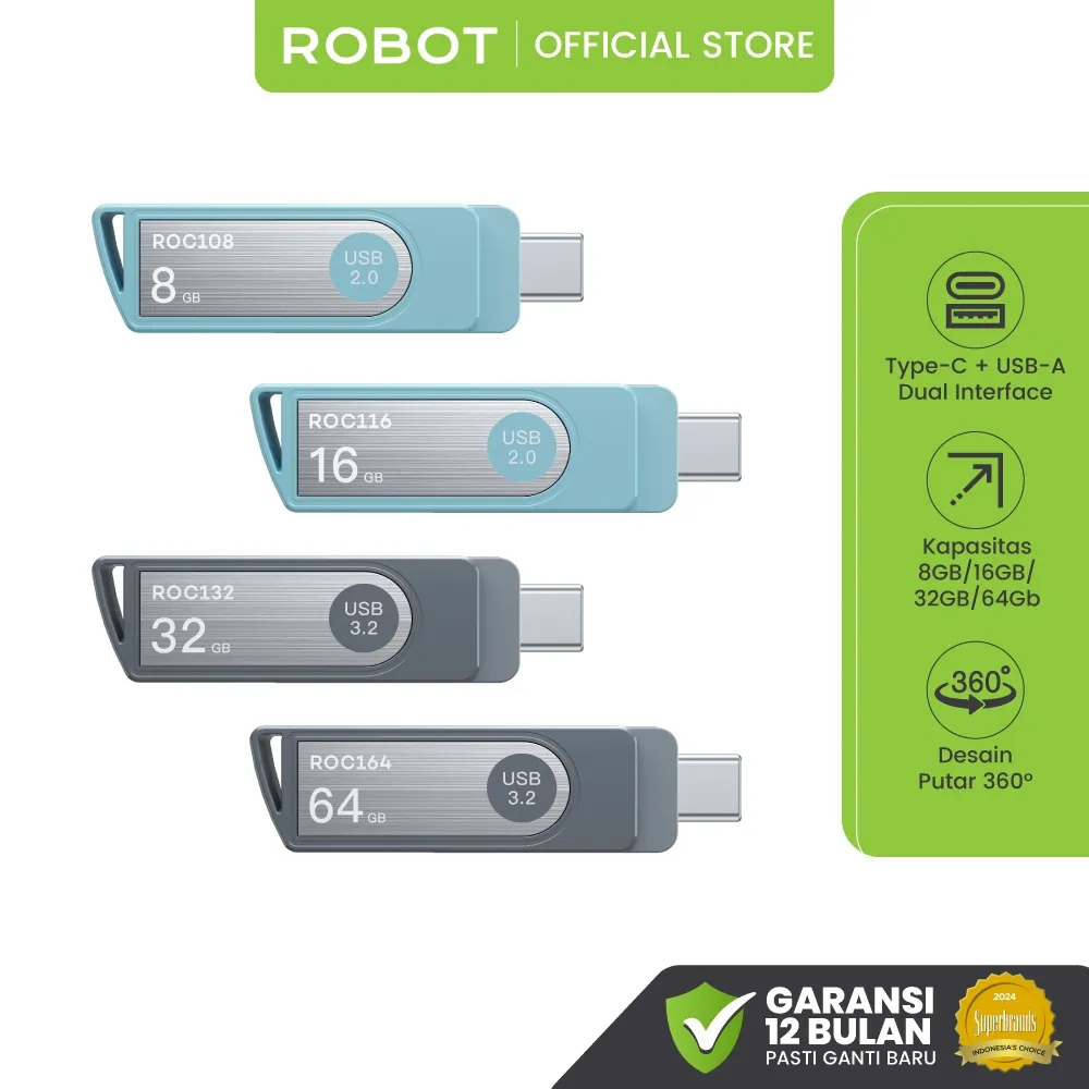 ROBOT Flashdisk OTG Kapasitas 64GB Dual OTG Interface Type-C & USB-A High Speed Penyimpanan Iphone Android Komputer Flash Drive Logam USB Original Garansi 1 Tahun - ROC1 Series
