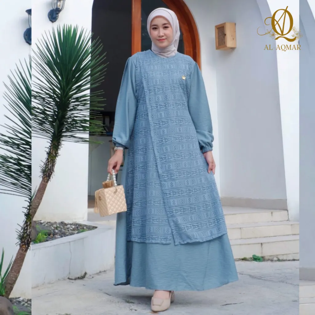 Dress Mix Brukat Tali Pinggang Busui Saku Kanan Kain Polo Linen Gamis Muslim Kombinasi Nyaman