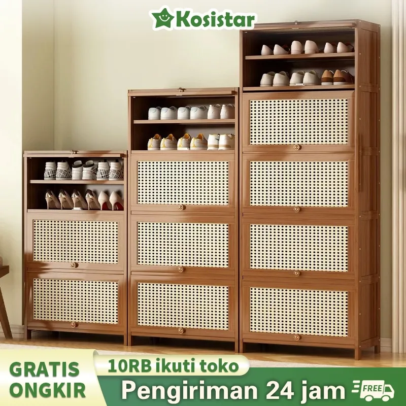 Kosistar-Rak Sepatu Rotan  Lemari Sepatu Kayu Rak Sepatu Rumah/emari sepatu susun tertutup/Lemari Sepatu Kayu/Lemari Sepatu Kapasitas Besar/Lemari Sepatu estetik/Lemari Sepatu Sederhana