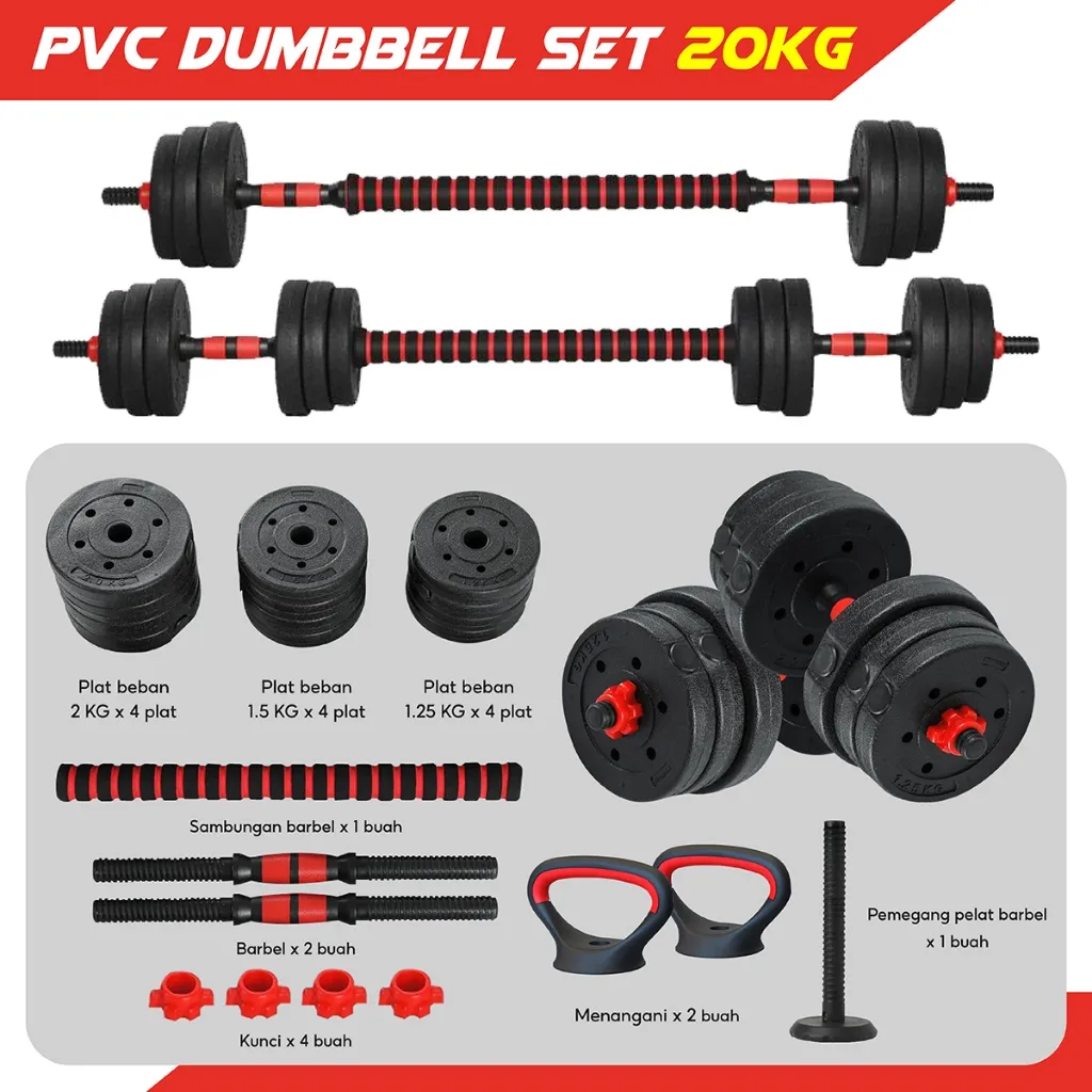 BG SPORT Dumbell Set Kettlebel PVC 20KG Alat Olahraga Fitness Otot Latihan Beban Multifungsi
