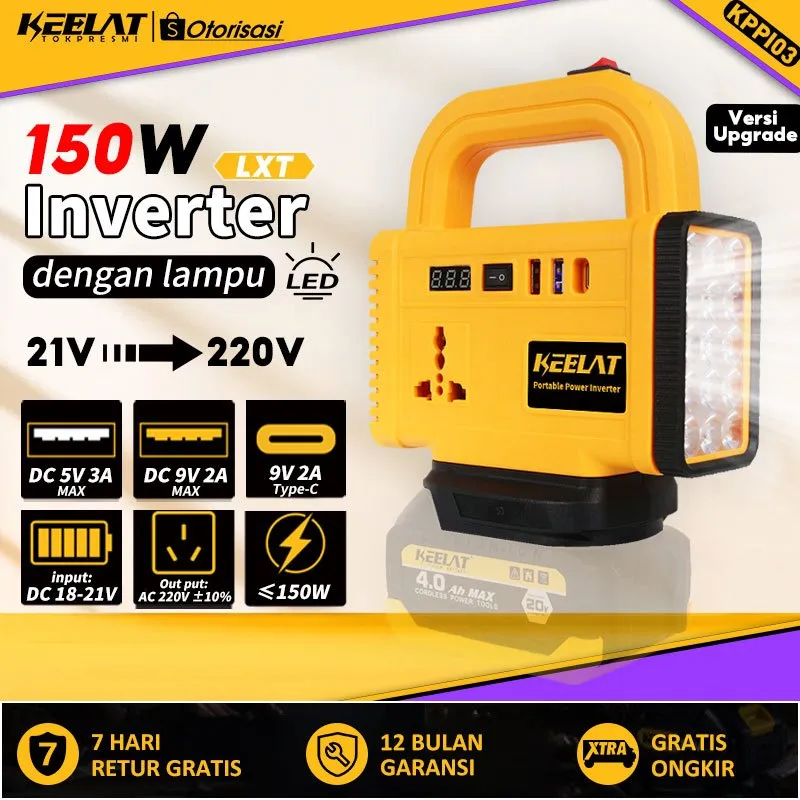 KEELAT KPPI03 150W Inverter Daya Multifungsi dengan lampu Type-c 2Port USB baterai lithium Inverter portabel